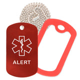 Red Medical ID Alert Necklace with Red Rubber Silencer and 30'' Ball Chain