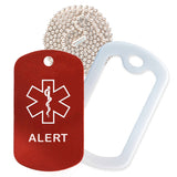 Red Medical ID Alert Necklace with White Rubber Silencer and 30'' Ball Chain