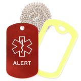 Red Medical ID Alert Necklace with Yellow Rubber Silencer and 30'' Ball Chain