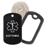 Black Medical ID Asthma Necklace with Black Rubber Silencer and 30'' Ball Chain