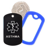 Black Medical ID Asthma Necklace with Blue Rubber Silencer and 30'' Ball Chain