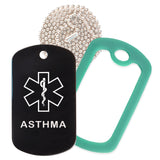 Black Medical ID Asthma Necklace with Green Rubber Silencer and 30'' Ball Chain