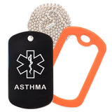 Black Medical ID Asthma Necklace with Orange Rubber Silencer and 30'' Ball Chain