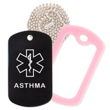 Black Medical ID Asthma Necklace with Pink Rubber Silencer and 30'' Ball Chain
