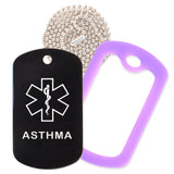 Black Medical ID Asthma Necklace with Purple Rubber Silencer and 30'' Ball Chain
