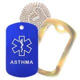 Blue Medical ID Asthma Necklace with Forest Camo Rubber Silencer and 30'' Ball Chain