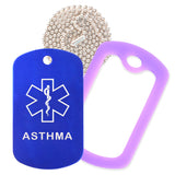 Blue Medical ID Asthma Necklace with Purple Rubber Silencer and 30'' Ball Chain