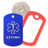 Blue Medical ID Asthma Necklace with Red Rubber Silencer and 30'' Ball Chain