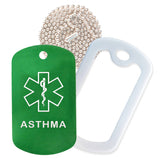 Green Medical ID Asthma Necklace with White Rubber Silencer and 30'' Ball Chain