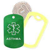 Green Medical ID Asthma Necklace with Yellow Rubber Silencer and 30'' Ball Chain