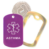 Purple Medical ID Asthma Necklace with Forest Camo Rubber Silencer and 30'' Ball Chain