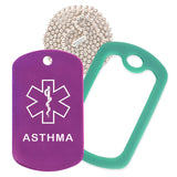 Purple Medical ID Asthma Necklace with Green Rubber Silencer and 30'' Ball Chain