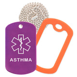 Purple Medical ID Asthma Necklace with Orange Rubber Silencer and 30'' Ball Chain