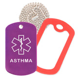 Purple Medical ID Asthma Necklace with Red Rubber Silencer and 30'' Ball Chain