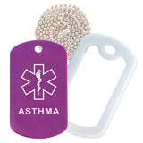 Purple Medical ID Asthma Necklace with White Rubber Silencer and 30'' Ball Chain