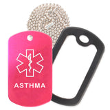 Hot Pink Medical ID Asthma Necklace with Black Rubber Silencer and 30'' Ball Chain