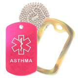 Hot Pink Medical ID Asthma Necklace with Forest Camo Rubber Silencer and 30'' Ball Chain