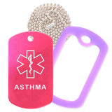Hot Pink Medical ID Asthma Necklace with Purple Rubber Silencer and 30'' Ball Chain