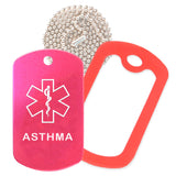 Hot Pink Medical ID Asthma Necklace with Red Rubber Silencer and 30'' Ball Chain