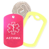 Hot Pink Medical ID Asthma Necklace with Yellow Rubber Silencer and 30'' Ball Chain