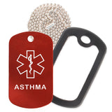 Red Medical ID Asthma Necklace with Black Rubber Silencer and 30'' Ball Chain