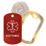 Red Medical ID Asthma Necklace with Forest Camo Rubber Silencer and 30'' Ball Chain