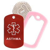Red Medical ID Asthma Necklace with Purple Rubber Silencer and 30'' Ball Chain
