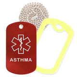 Red Medical ID Asthma Necklace with Yellow Rubber Silencer and 30'' Ball Chain