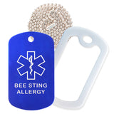 Blue Medical ID Bee Sting Allergy Necklace with White Rubber Silencer and 30'' Ball Chain