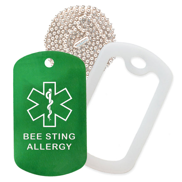 Green Medical ID Bee Sting Allergy Necklace with Clear Rubber Silencer and 30'' Ball Chain