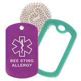 Purple Medical ID Bee Sting Allergy Necklace with Green Rubber Silencer and 30'' Ball Chain