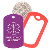 Purple Medical ID Bee Sting Allergy Necklace with Red Rubber Silencer and 30'' Ball Chain