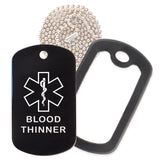 Black Medical ID Blood Thinner Necklace with Black Rubber Silencer and 30'' Ball Chain