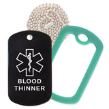 Black Medical ID Blood Thinner Necklace with Green Rubber Silencer and 30'' Ball Chain