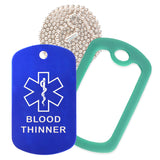 Blue Medical ID Blood Thinner Necklace with Green Rubber Silencer and 30'' Ball Chain
