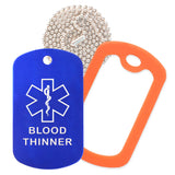 Blue Medical ID Blood Thinner Necklace with Orange Rubber Silencer and 30'' Ball Chain