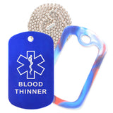 Blue Medical ID Blood Thinner Necklace with Red White and Blue Rubber Silencer and 30'' Ball Chain