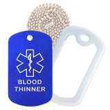 Blue Medical ID Blood Thinner Necklace with White Rubber Silencer and 30'' Ball Chain