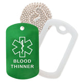 Green Medical ID Blood Thinner Necklace with Clear Rubber Silencer and 30'' Ball Chain