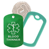 Green Medical ID Blood Thinner Necklace with Green Rubber Silencer and 30'' Ball Chain