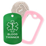 Green Medical ID Blood Thinner Necklace with Pink Rubber Silencer and 30'' Ball Chain