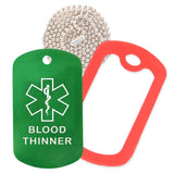 Green Medical ID Blood Thinner Necklace with Red Rubber Silencer and 30'' Ball Chain
