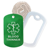 Green Medical ID Blood Thinner Necklace with White Rubber Silencer and 30'' Ball Chain