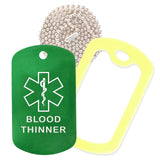 Green Medical ID Blood Thinner Necklace with Yellow Rubber Silencer and 30'' Ball Chain