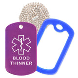 Purple Medical ID Blood Thinner Necklace with Blue Rubber Silencer and 30'' Ball Chain
