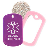 Purple Medical ID Blood Thinner Necklace with Pink Rubber Silencer and 30'' Ball Chain