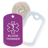 Purple Medical ID Blood Thinner Necklace with White Rubber Silencer and 30'' Ball Chain