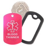 Hot Pink Medical ID Blood Thinner Necklace with Black Rubber Silencer and 30'' Ball Chain