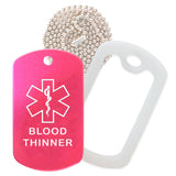Hot Pink Medical ID Blood Thinner Necklace with Clear Rubber Silencer and 30'' Ball Chain