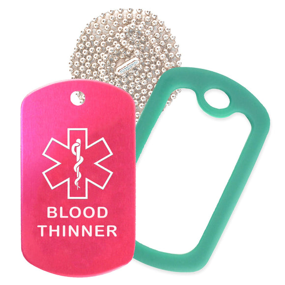 Hot Pink Medical ID Blood Thinner Necklace with Green Rubber Silencer and 30'' Ball Chain